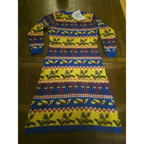 Betsey Johnson Vintage Knit Sweater Dress Folk Art Pattern Yellow/Blue/Purple S - Picture 3 of 8
